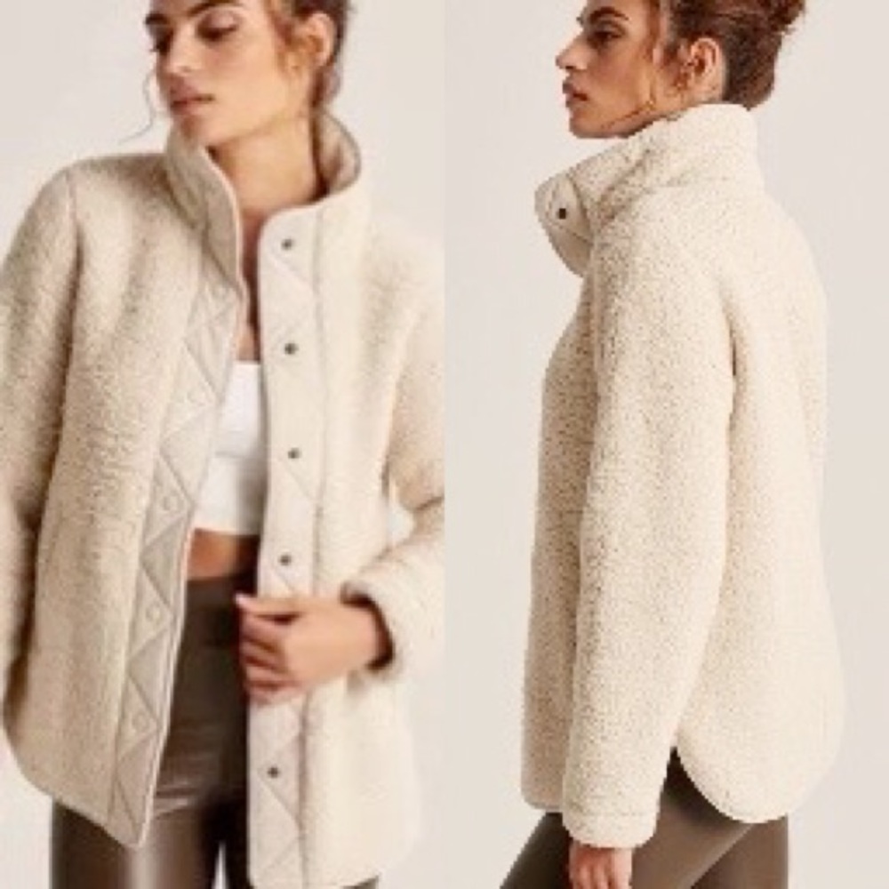 Abercrombie and Fitch Cream Sherpa Nylon Trim Snap Up Jacket. Size Small - Picture 1 of 10